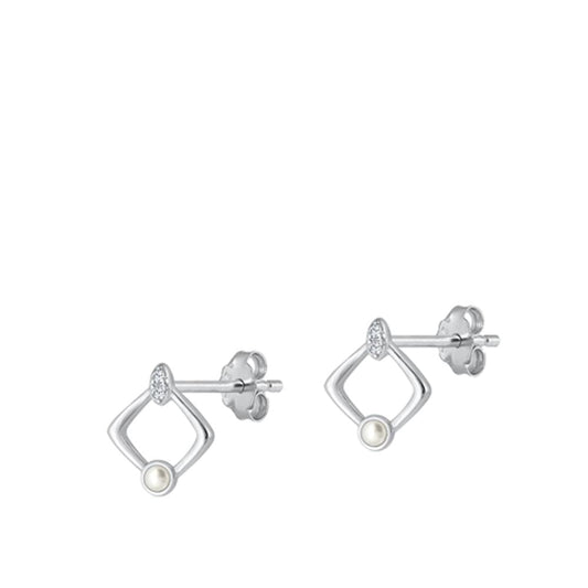 Sterling Silver Cute Freshwater Pearl Geometric Diamond-Shape Earrings 925 New