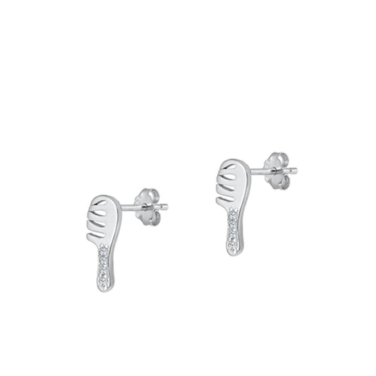 Sterling Silver Unique Clear CZ Hair Brush Comb Stud Earrings .925 New