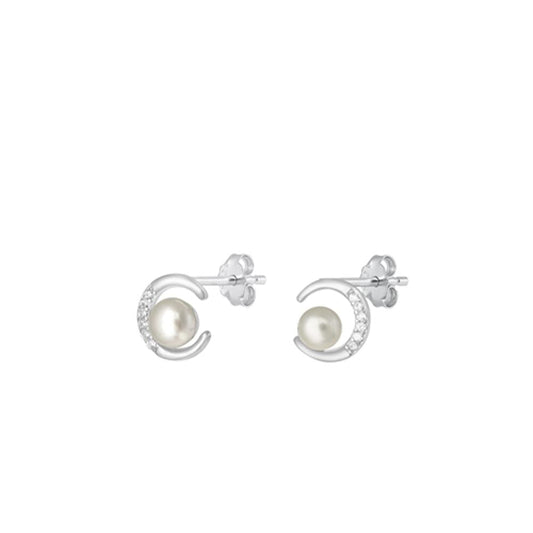 Sterling Silver .925 New Wholesale Clear CZ Freshwater Pearl Moon Stud Earrings