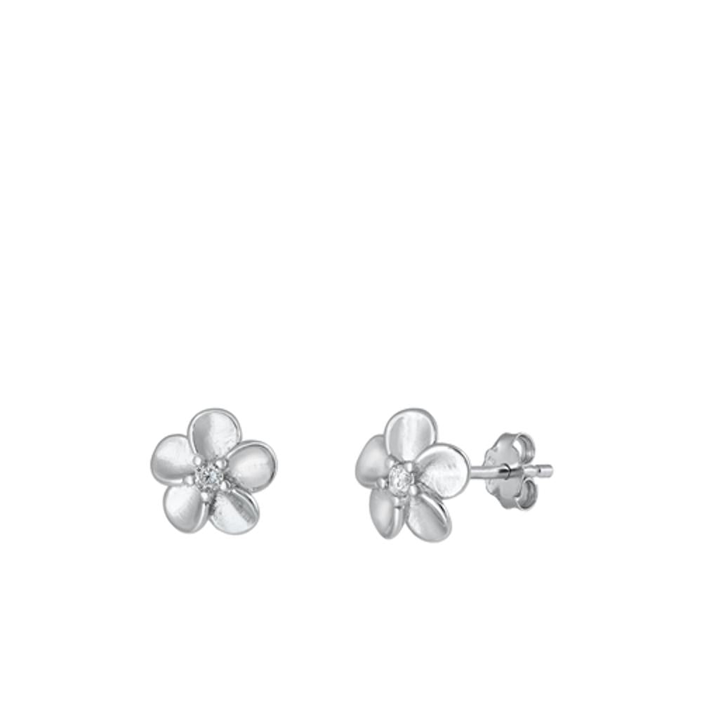 Sterling Silver Fashion Clear CZ Plumeria Flower Earrings 925 New High Polished