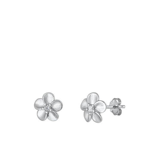 Sterling Silver Fashion Clear CZ Plumeria Flower Earrings 925 New High Polished
