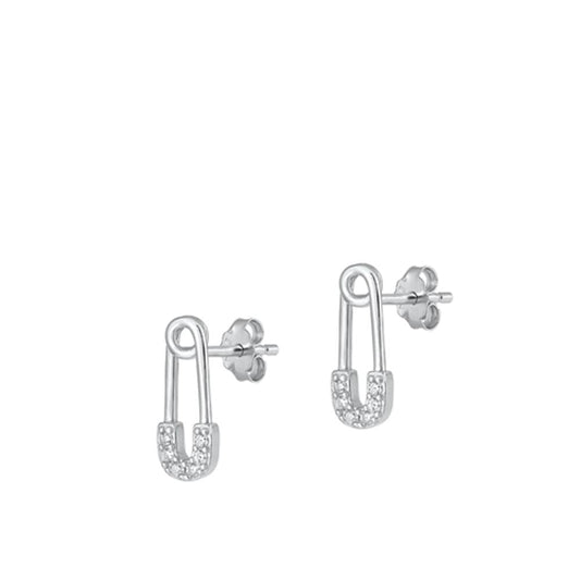Sterling Silver Classic Clear CZ Safety Pin Earrings 925 New High Polished
