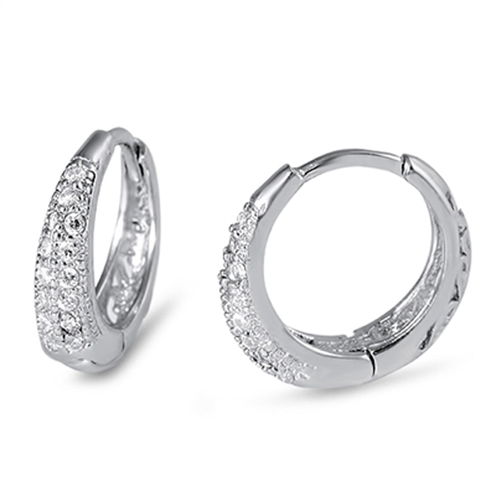 Sparkly Tapered Hoop Elegant Clear Simulated CZ .925 Sterling Silver Formal Huggie Hoop Earrings