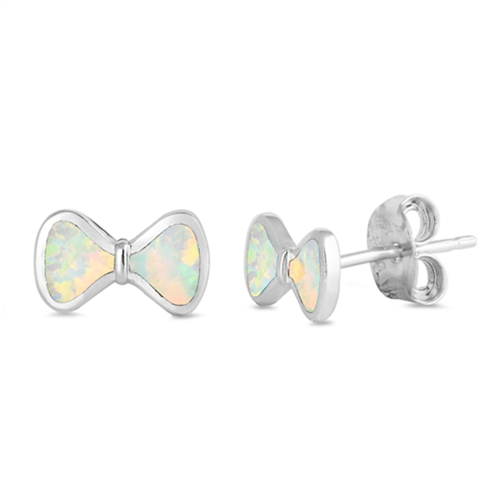 Sterling Silver Simple Bow Ribbon Classic Earrings White Synthetic Opal 925 New