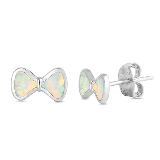 Sterling Silver Simple Bow Ribbon Classic Earrings White Synthetic Opal 925 New