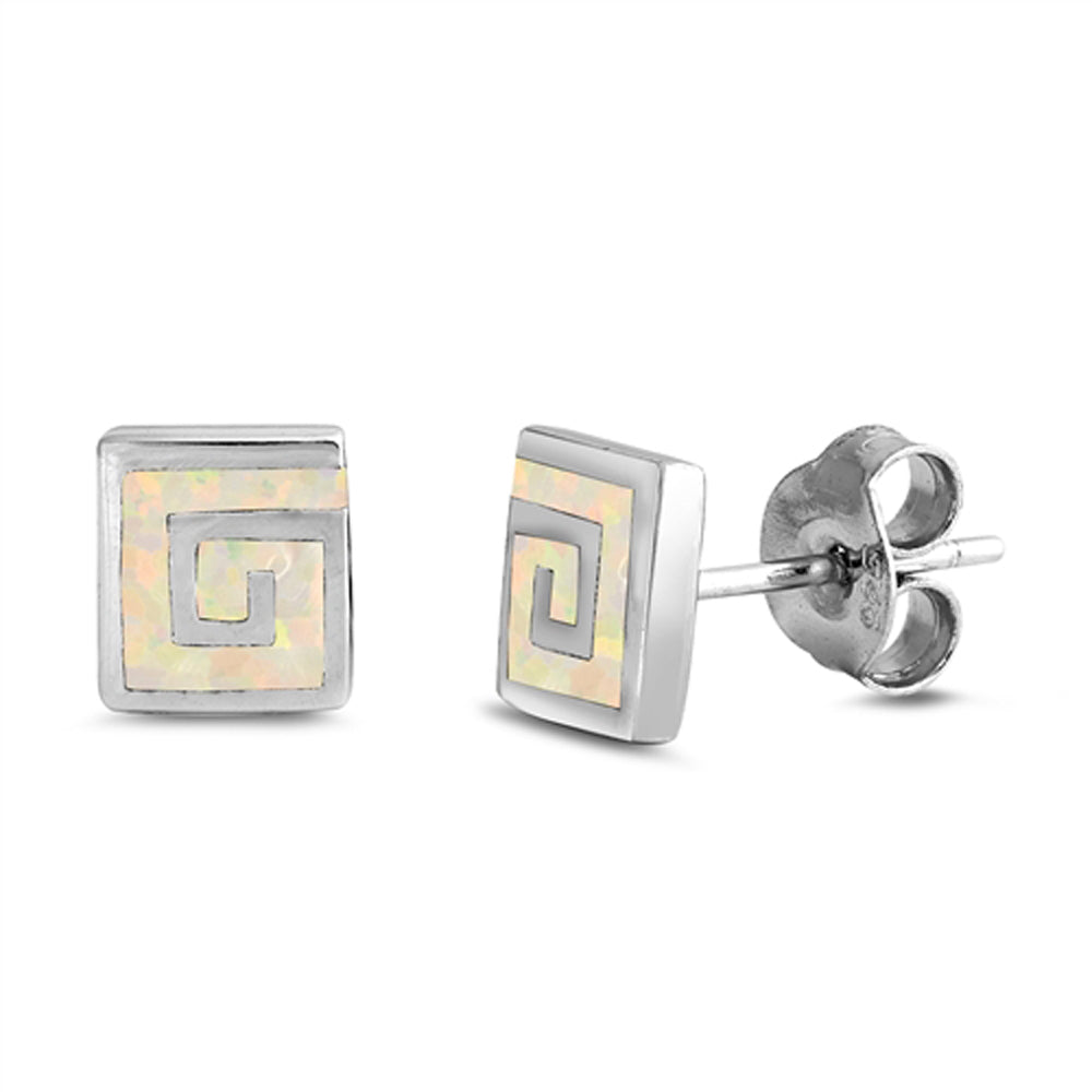 Sterling Silver Mosaic Greek Key Geometric Modern Earrings White Synthetic Opal