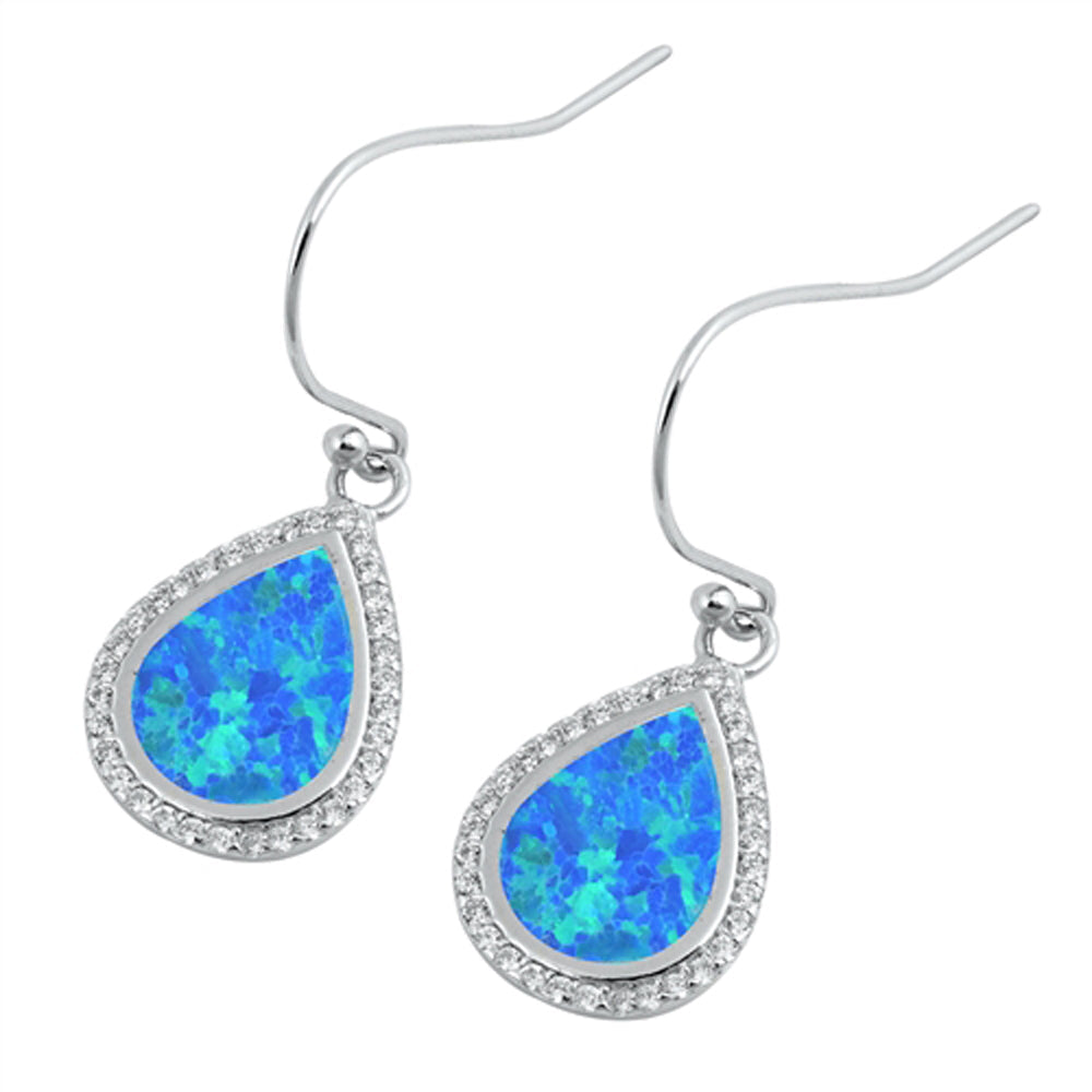 Sterling Silver Elegant Teardrop Cluster Halo Earrings Blue Synthetic Opal 925
