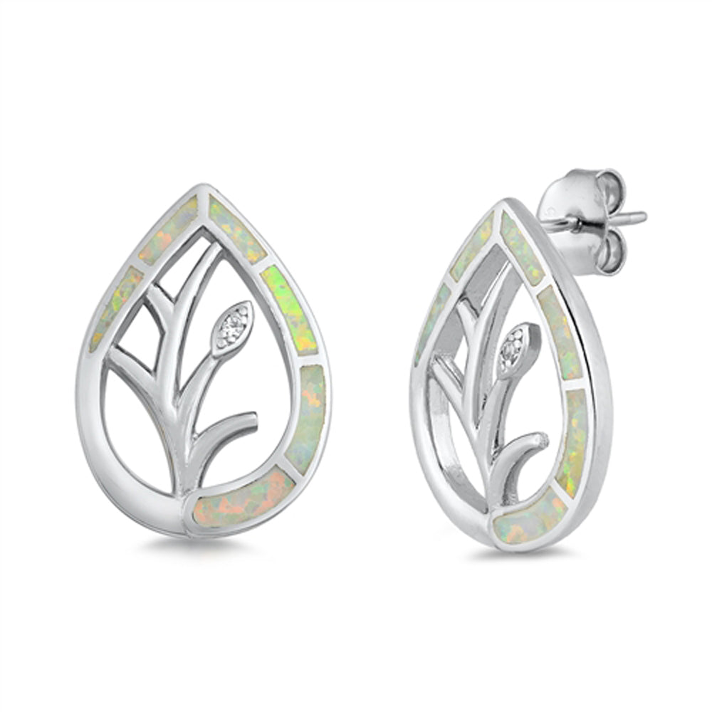 Sterling Silver Tree Mosaic Leaf Branch Earrings White Synthetic Opal Clear CZ