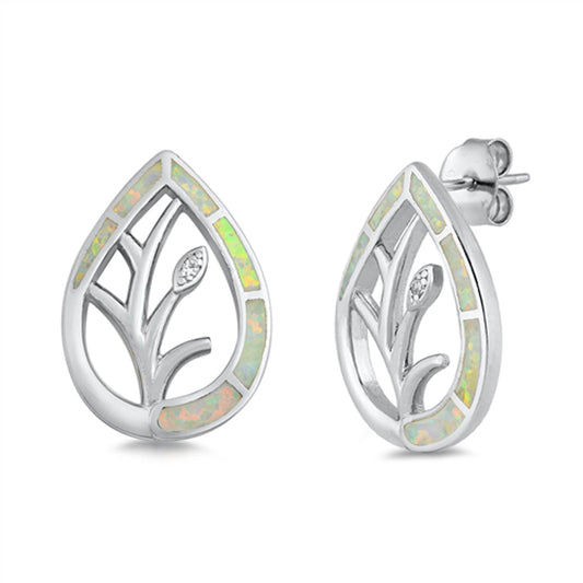 Sterling Silver Tree Mosaic Leaf Branch Earrings White Synthetic Opal Clear CZ