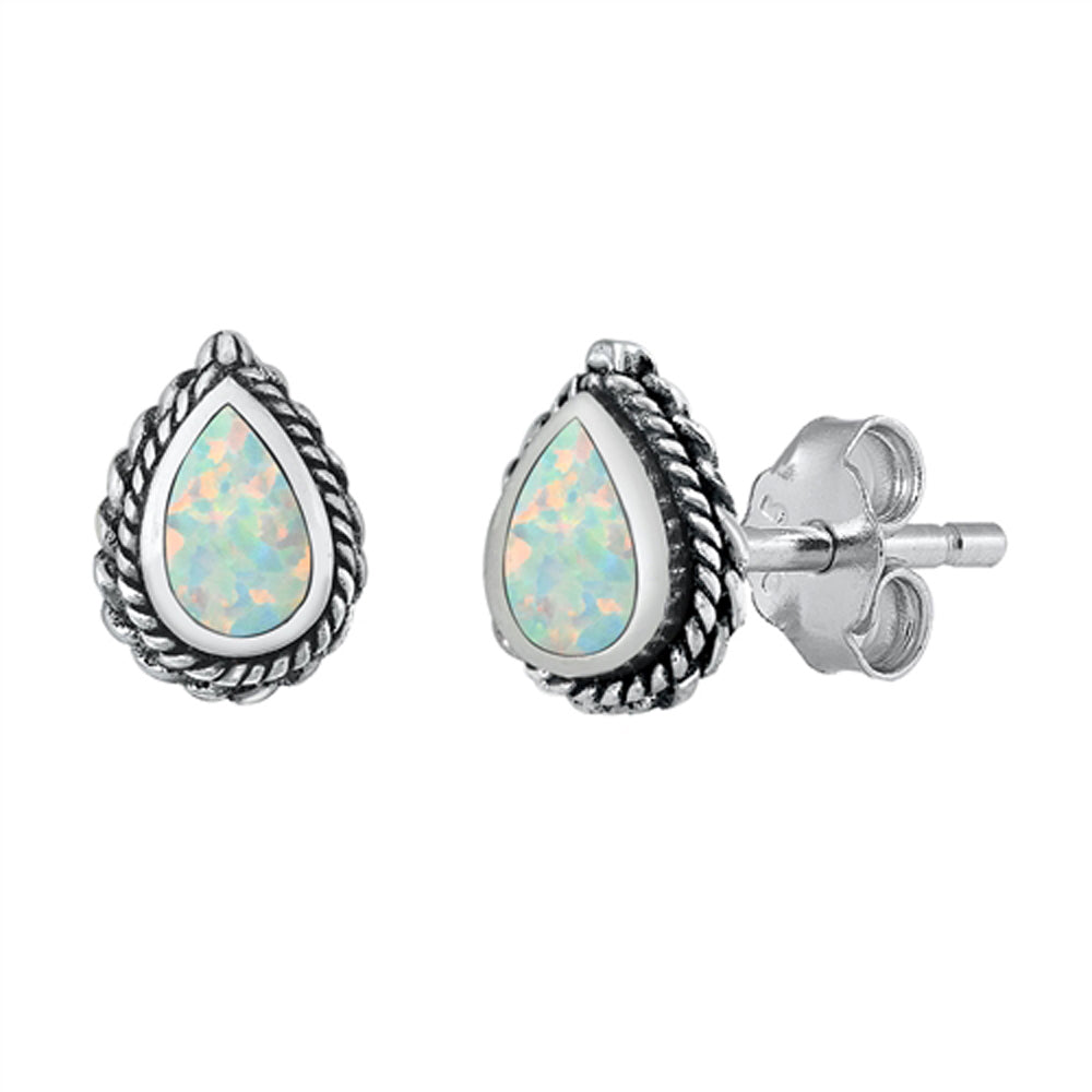 Sterling Silver Rope Teardrop Boho Bali Style Rain Earrings White Synthetic Opal