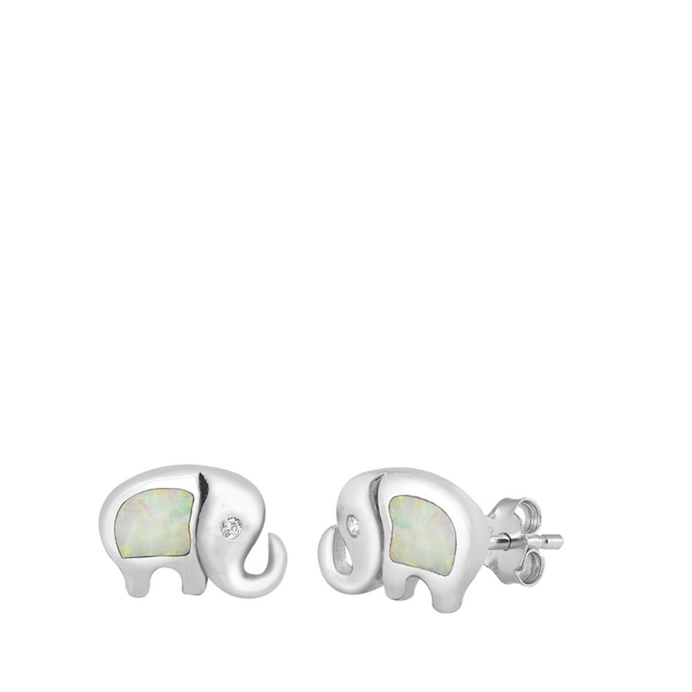 Sterling Silver Beautiful White Opal Elephant Animal Stud Earrings 925 New
