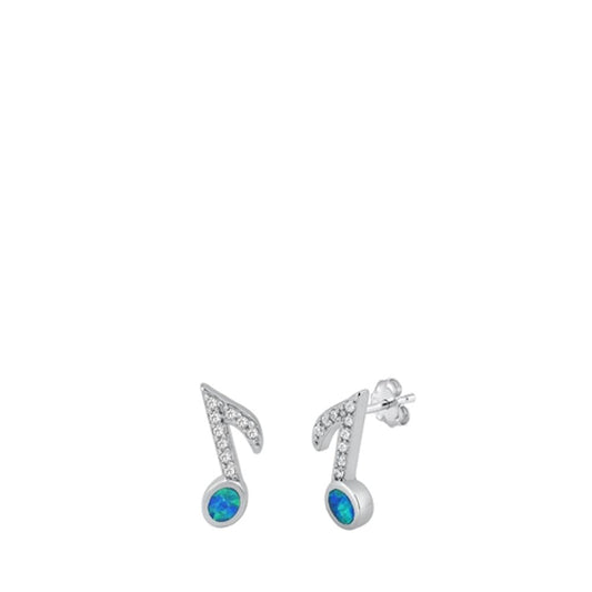 Sterling Silver Classic Blue Synthetic Opal Clear CZ Music Note Earrings 925 New