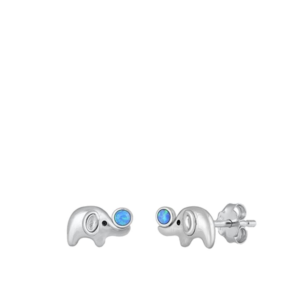 Cute Sterling Silver Polished Blue Synthetic Opal Elephant Earrings 925 New