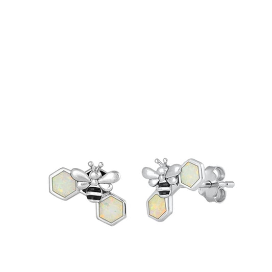 Sterling Silver Cute White Synthetic Opal Bee & Honeycomb Earrings 925 New