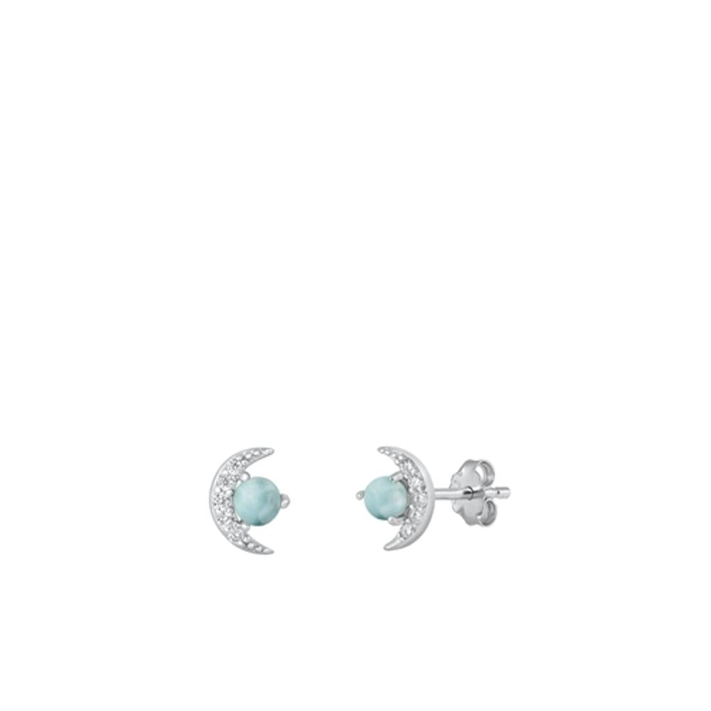 Sterling Silver Fashion Larimar Clear CZ Moon Polished Stud Earrings .925 New