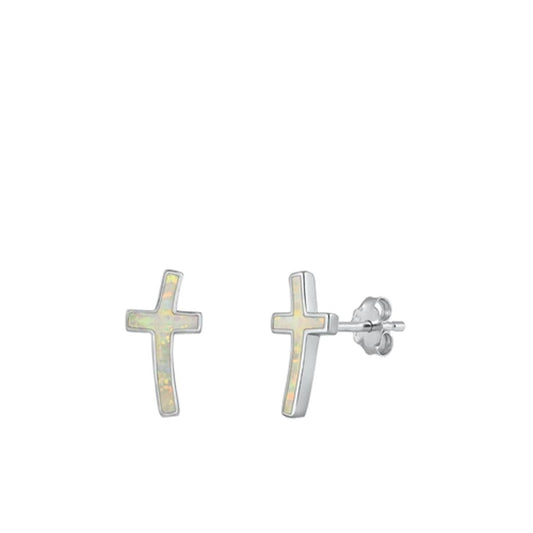 Sterling Silver White Lab Opal Cross Stud Christian Faith Love Earrings .925
