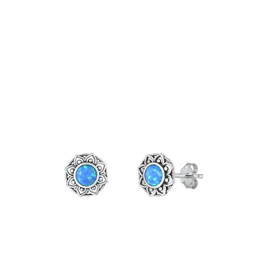 Sterling Silver Fashion Blue Synthetic Opal Flower Stud Oxidized Earrings 925