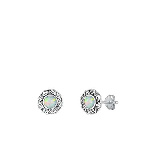 Sterling Silver Unique White Synthetic Opal Flower Stud Earrings .925 New