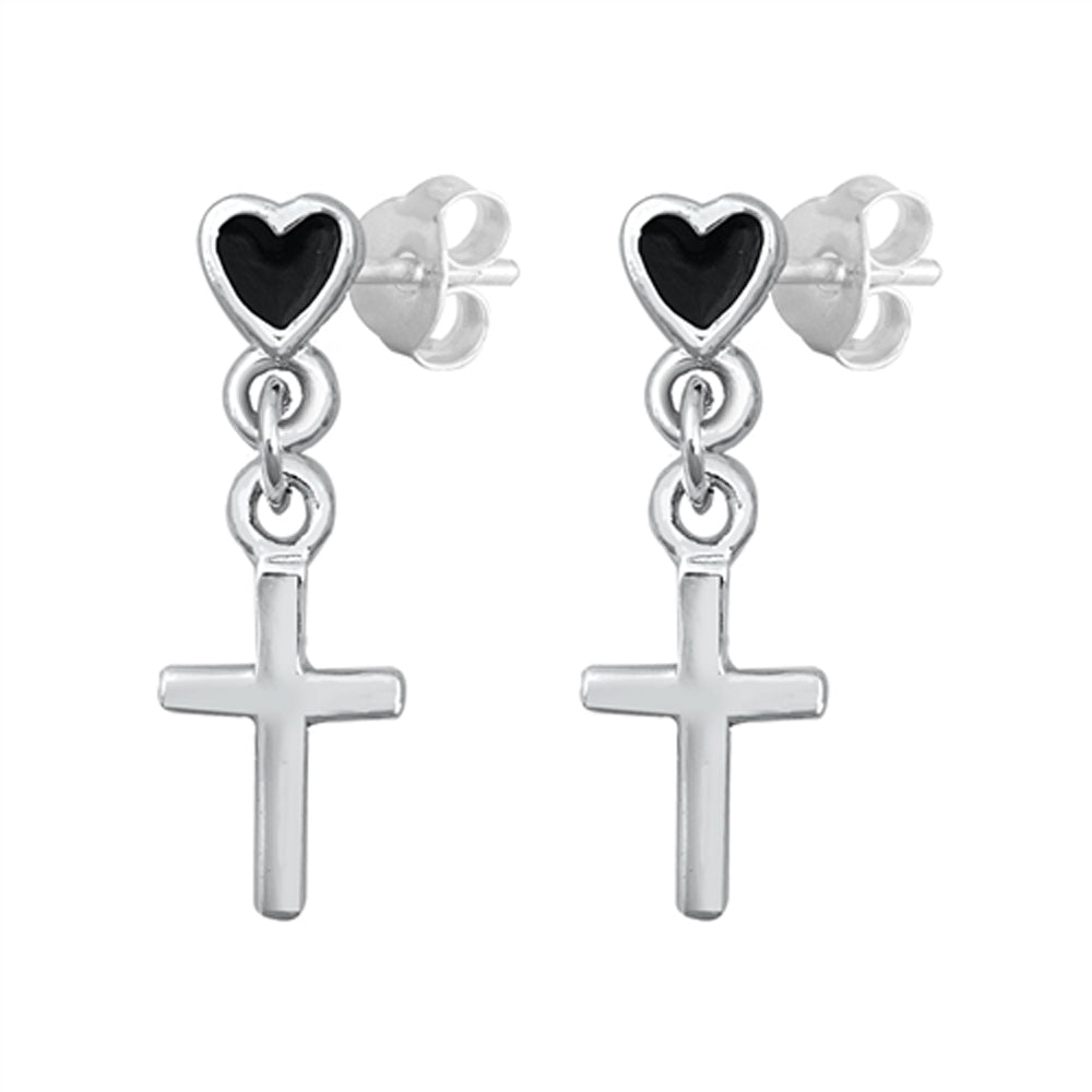 Sterling Silver High Polish Cross Heart Dangling Classic High Polish Earrings