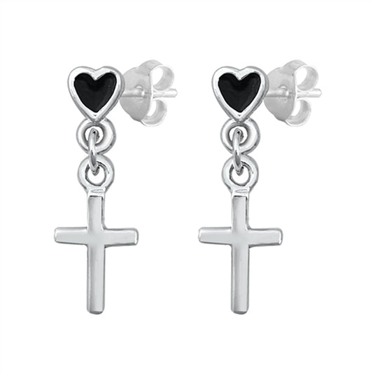 Sterling Silver High Polish Cross Heart Dangling Classic High Polish Earrings