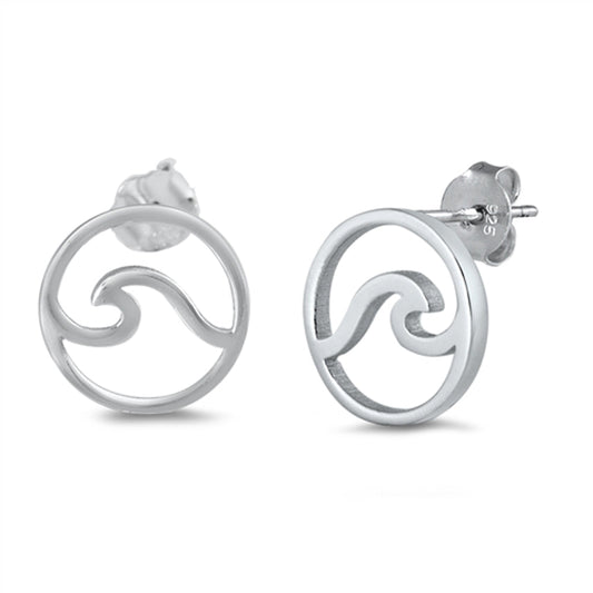 Sterling Silver Ocean Wave Outline Circle Classic Minimalist Simple Earrings 925