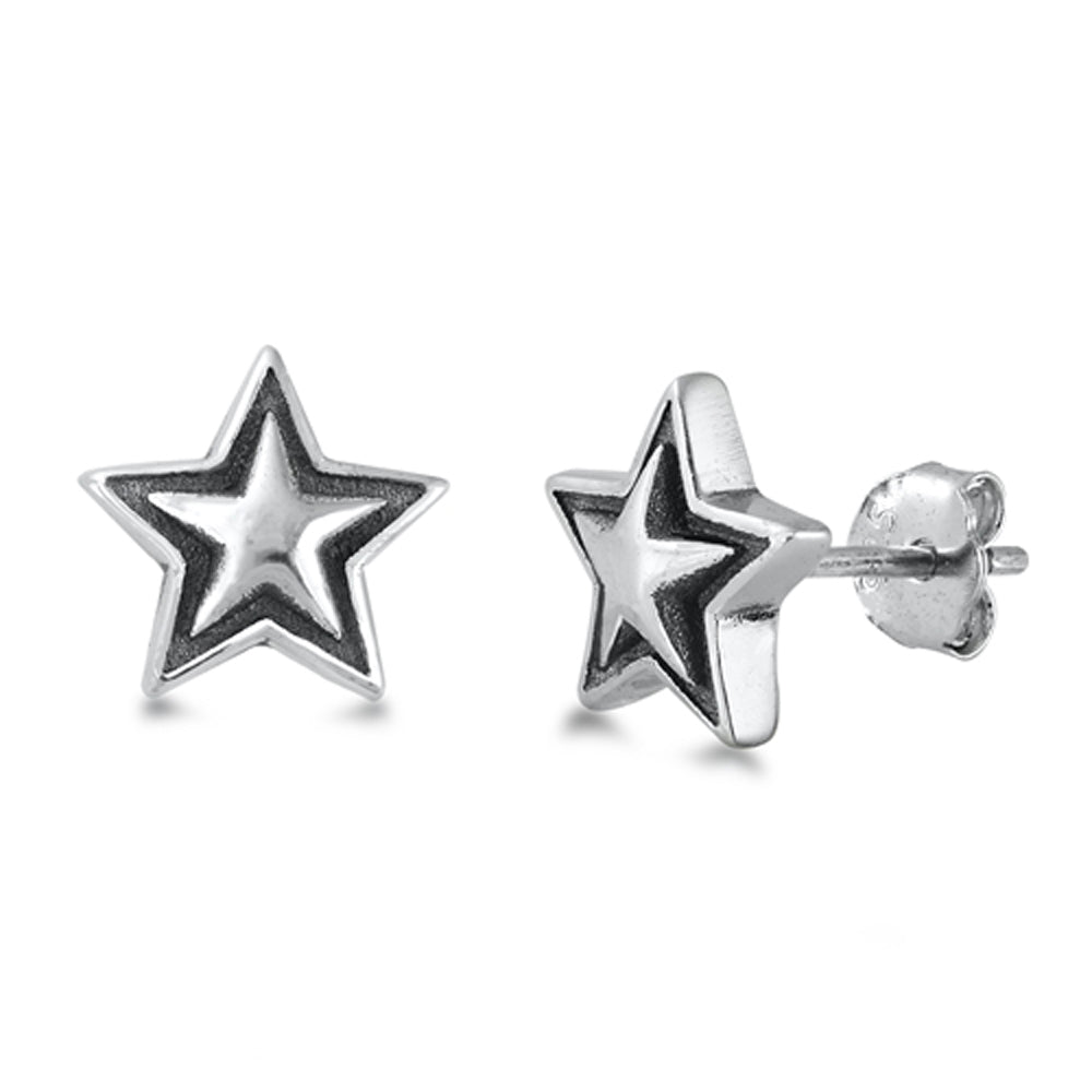 Sterling Silver Classic Super Star Outline Oxidized Stripe Simple Earrings 925