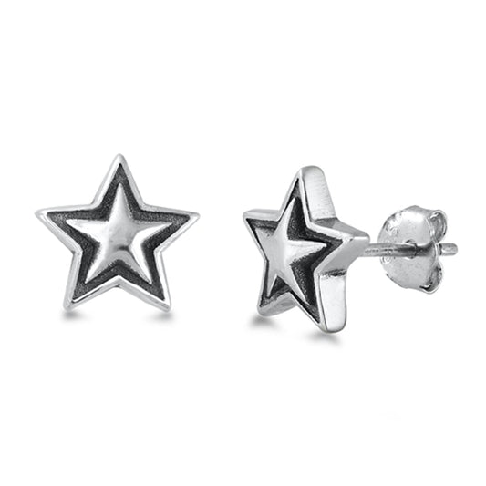 Sterling Silver Classic Super Star Outline Oxidized Stripe Simple Earrings 925