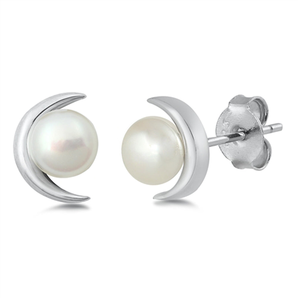 Sterling Silver Unique Crescent Moon Freshwater Pearl Cute Earrings 925 New