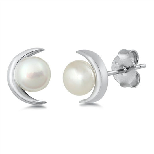 Sterling Silver Unique Crescent Moon Freshwater Pearl Cute Earrings 925 New