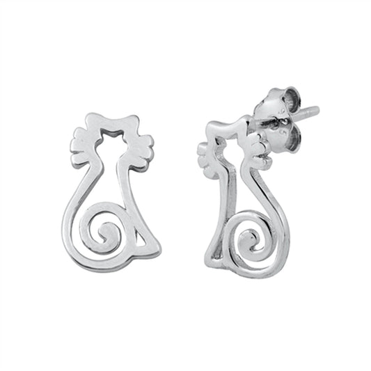 Sterling Silver Cute Cat Animal Outline Filigree Swirl Pet Kitten Earrings 925