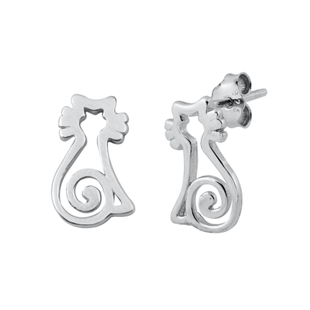 Sterling Silver Cute Cat Animal Outline Filigree Swirl Pet Kitten Earrings 925