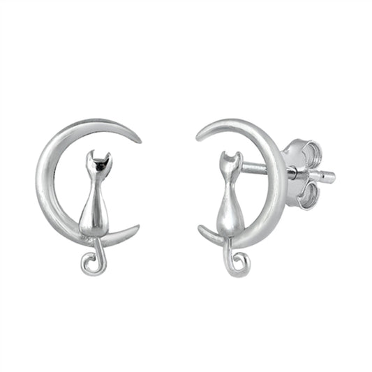 Sterling Silver Mystic Crescent Moon Cat Animal Modern Cute Celestial Earrings