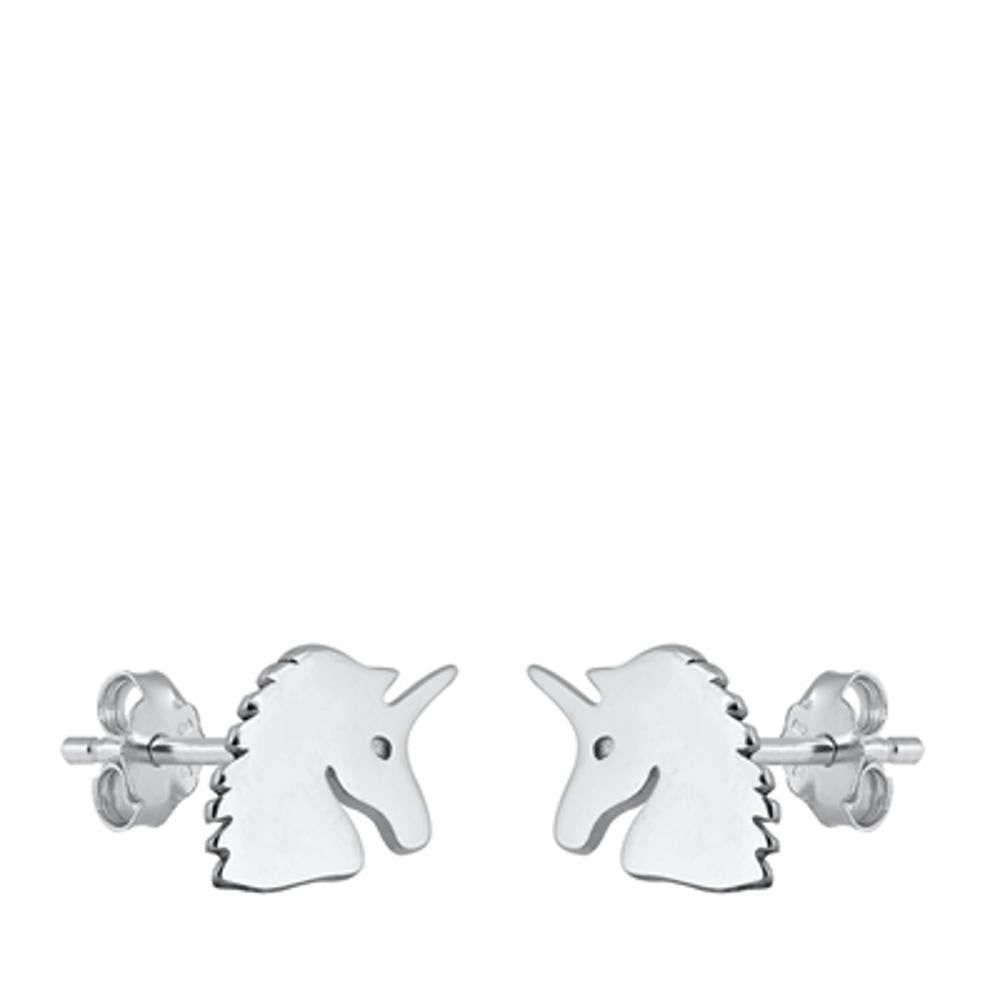 Cute Sterling Silver Plain Unicorn Head Stud Earrings Push Back 925 New