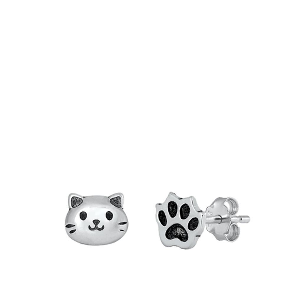 Trendy Cat & Paw Print Animal Stud Earrings Pet Lovers Mismatched Set 925 New