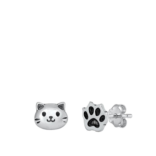 Trendy Cat & Paw Print Animal Stud Earrings Pet Lovers Mismatched Set 925 New