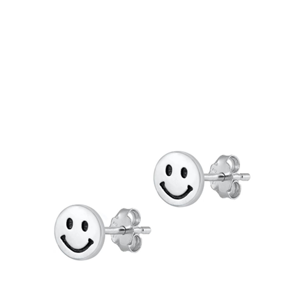 Sterling Silver Happy Smiley Face Oxidized Stud High Polished Earrings 925 New