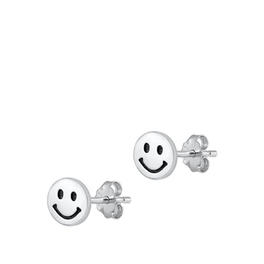 Sterling Silver Happy Smiley Face Oxidized Stud High Polished Earrings 925 New