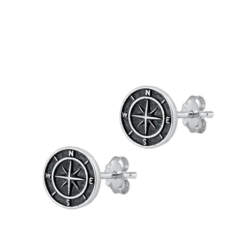 Sterling Silver Vintage Oxidized Classic Compass Stud Earrings 925 New