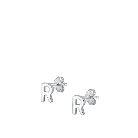 Sterling Silver High Polished Initial R Stud Letter Earrings 925 New