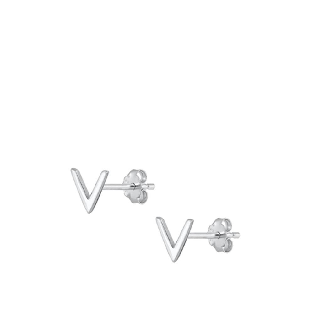 Sterling Silver High Polished Initial V Stud Letter Earrings 925 New