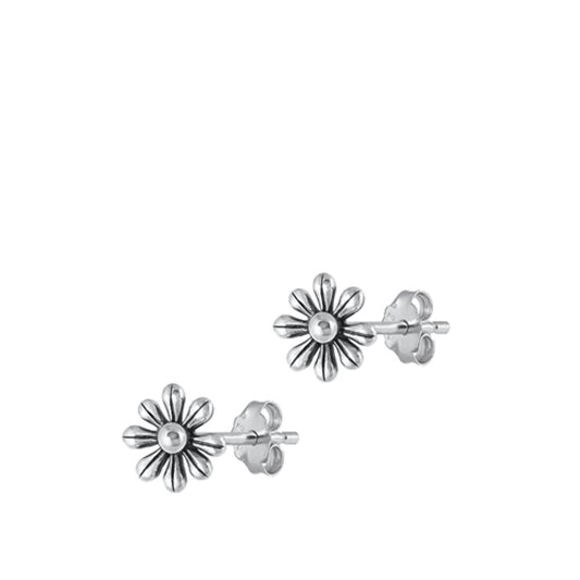 Sterling Silver High Polished Oxidized Classic Flower Stud Earrings .925 New
