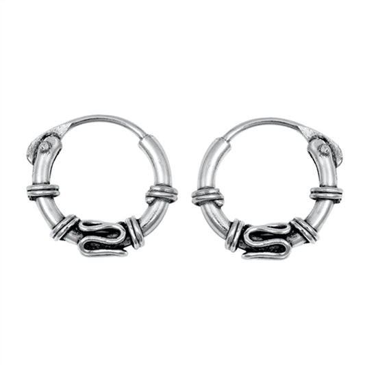 Sterling Silver Bali Style Hoop Traditional Boho Wavy Earrings 925 New