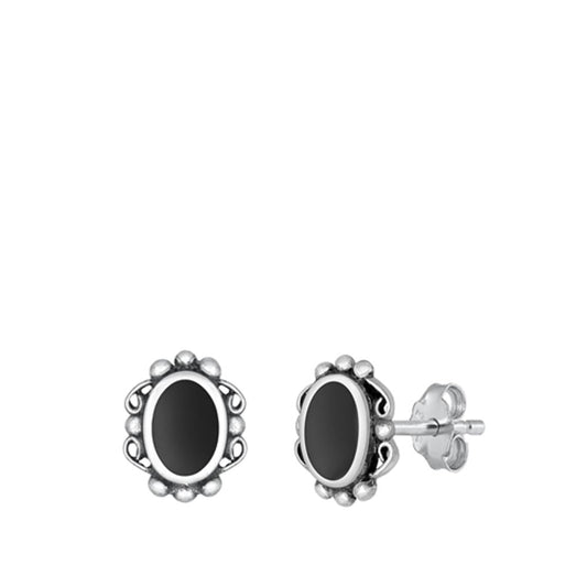 Sterling Silver Oxidized Classic Black Agate Bali Stud High Polished Earrings