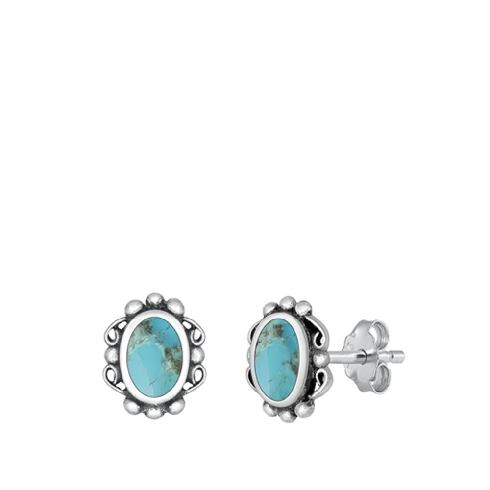 Sterling Silver Oxidized Turquoise Bali Stud High Polished Earrings 925