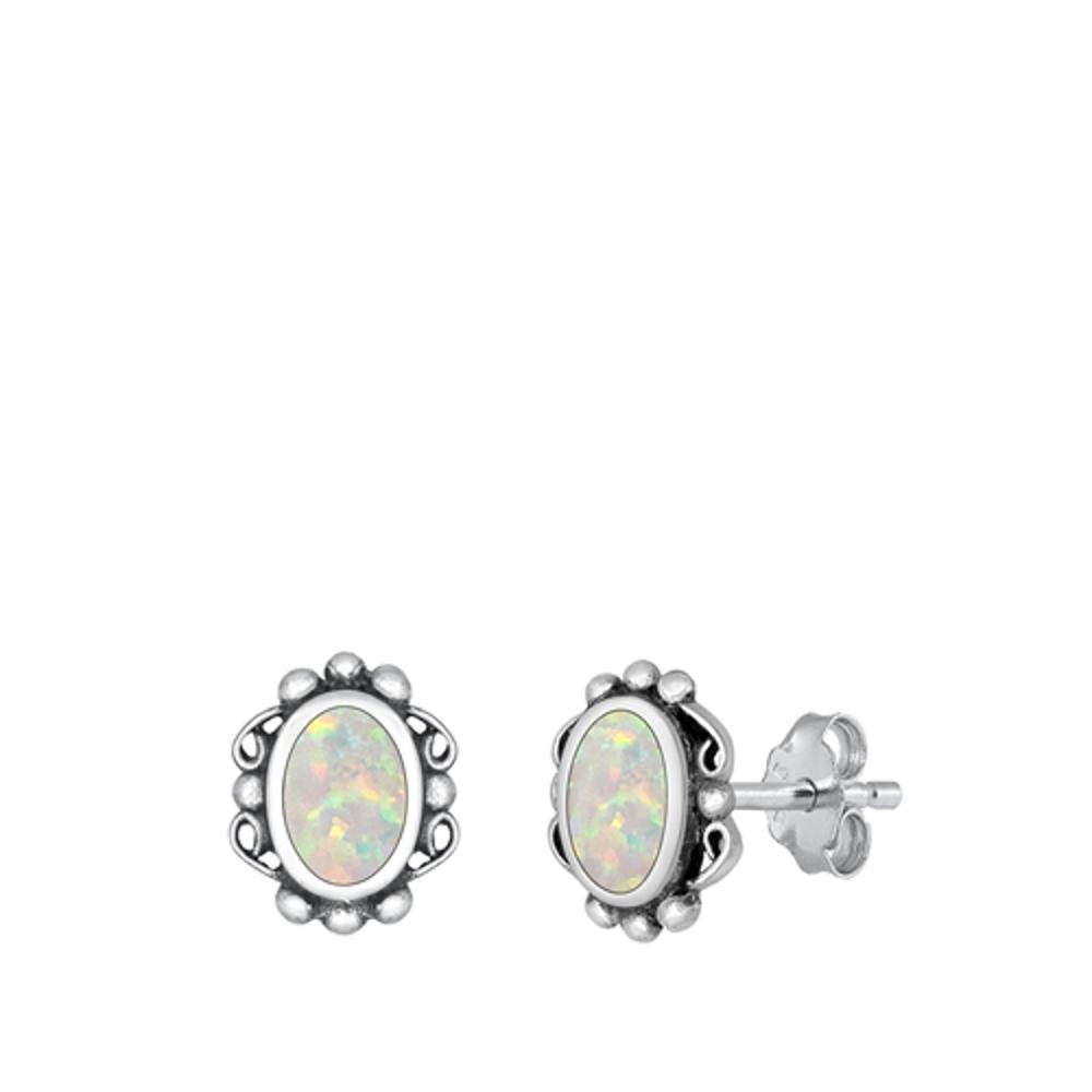 Sterling Silver Cute Oxidized White Synthetic Opal Bali Stud Earrings 925 New