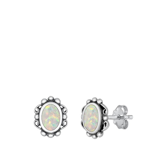 Sterling Silver Cute Oxidized White Synthetic Opal Bali Stud Earrings 925 New