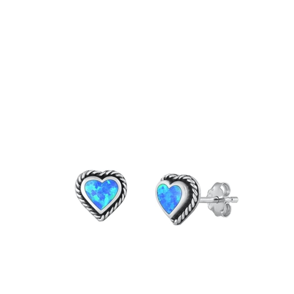 Sterling Silver Beautiful Blue Synthetic Opal Heart Stud Oxidized Earrings .925