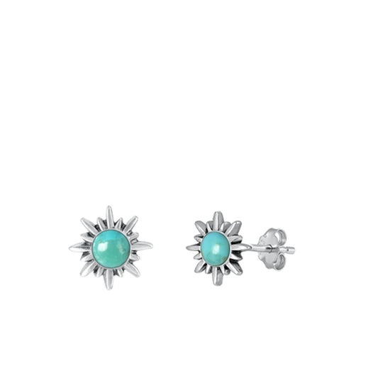 Sterling Silver Classic Sun Burst Turquoise High Polished Stud Earrings .925 New