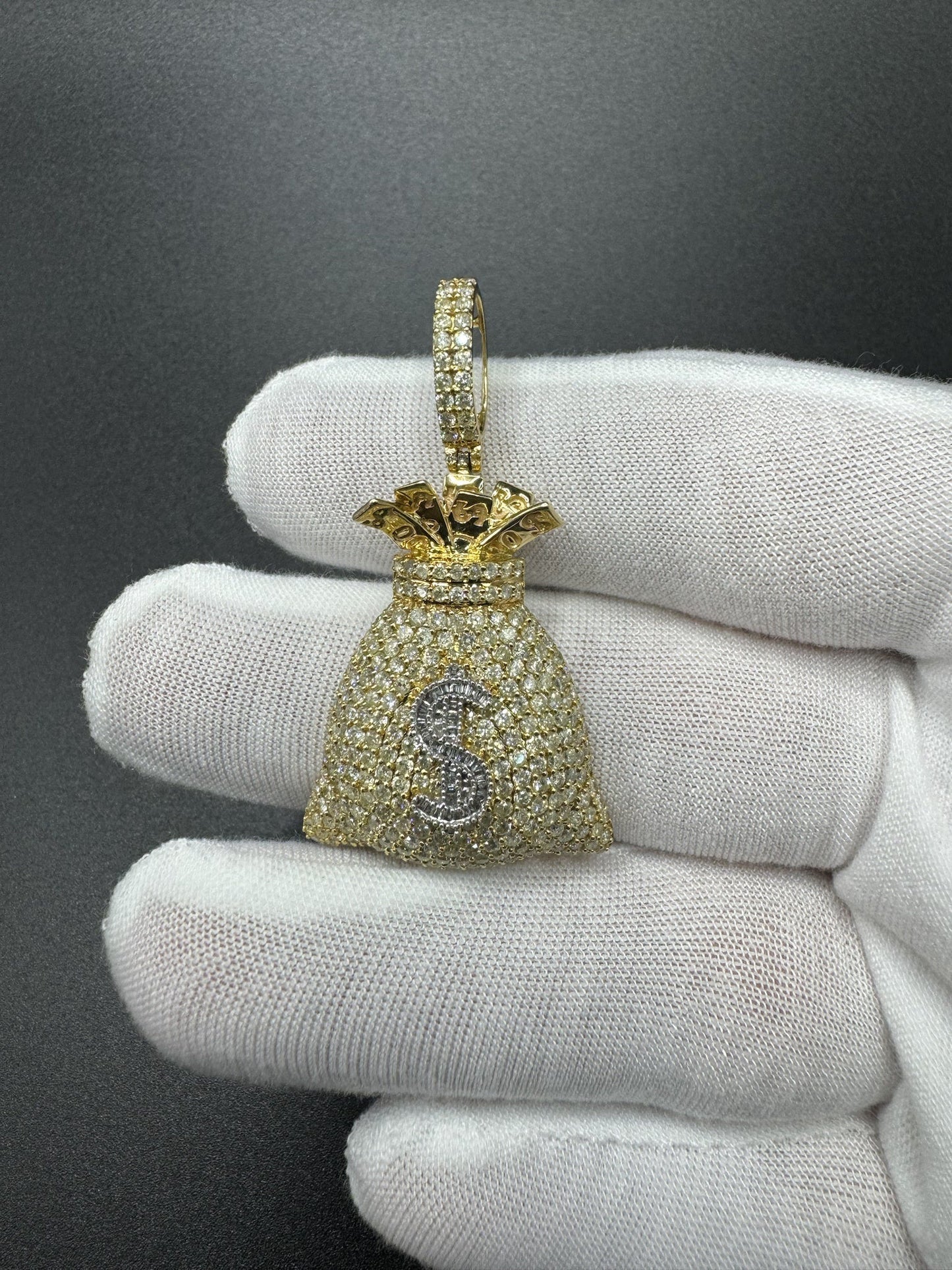 2” 10k Yellow Gold 2ctw Natural Diamond Money Bag Pendant 7.3mm Bail 9.0g