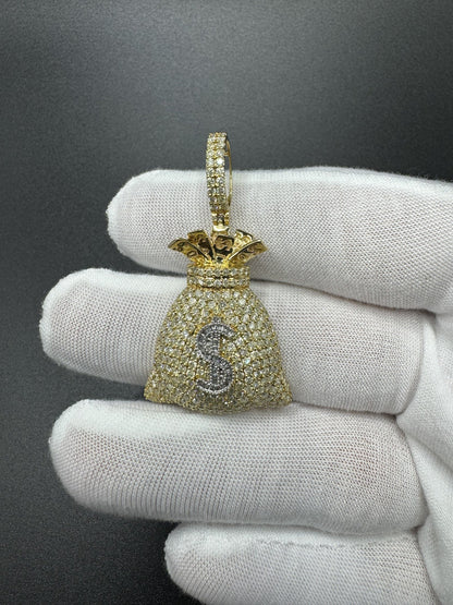 2” 10k Yellow Gold 2ctw Natural Diamond Money Bag Pendant 7.3mm Bail 9.0g